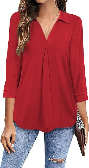 Newchoice Womens Collared V Neck 3/4 Sleeve Shirts Business Casual Tops Loose Work Blouses (S-3XL)