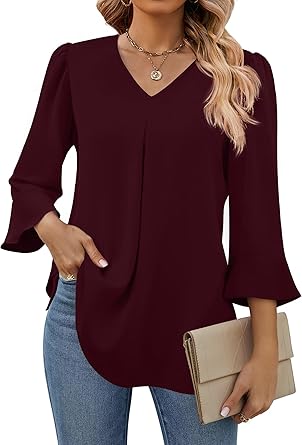 Funlingo Womens 3/4 Length Sleeve Tops Dressy Casual V Neck Business Chiffon Blouses Pleated Trendy Work Shirts