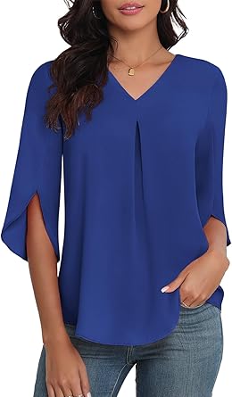 LAOLASI Womens Summer Chiffon Blouses 3/4 Sleeve V Neck Casual Loose Work Tops for Leggings 2025 Flowy Dressy Tshirts