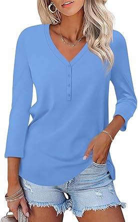 Women's V Neck 3/4 Sleeve Tops Solid Shirts Casual Summer Tees