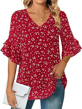 VALOLIA Womens Blouses 3/4 Sleeve Dressy Tops Business Casual Double Layers Shirts