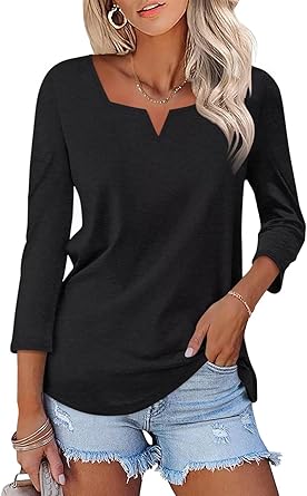Women's 3/4 Length Sleeve Tops Square V Notched Neck Shirts Casual Summer Blouses