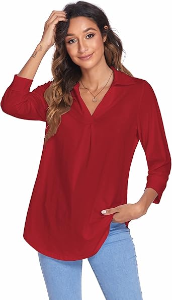 Newchoice Womens Collared V Neck 3/4 Sleeve Shirts Business Casual Tops Loose Work Blouses (S-3XL)