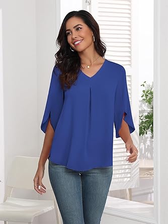 LAOLASI Womens Summer Chiffon Blouses 3/4 Sleeve V Neck Casual Loose Work Tops for Leggings 2025 Flowy Dressy Tshirts