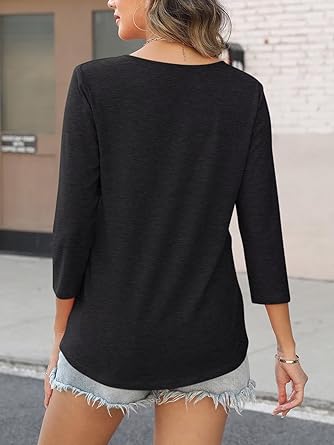 Women's 3/4 Length Sleeve Tops Square V Notched Neck Shirts Casual Summer Blouses