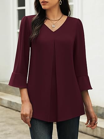 Funlingo Womens 3/4 Length Sleeve Tops Dressy Casual V Neck Business Chiffon Blouses Pleated Trendy Work Shirts