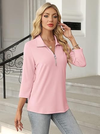 Women's 3/4 Sleeve Tops V Neck T Shirts Zipper Solid/Color Block Collared Polo Shirts