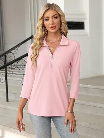 Women's 3/4 Sleeve Tops V Neck T Shirts Zipper Solid/Color Block Collared Polo Shirts
